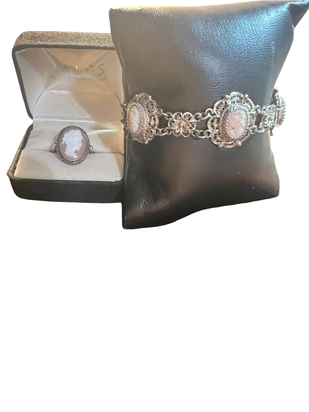 Vintage Cameo Bracelet and Ring Set - Pink Cameo, sterling Silver